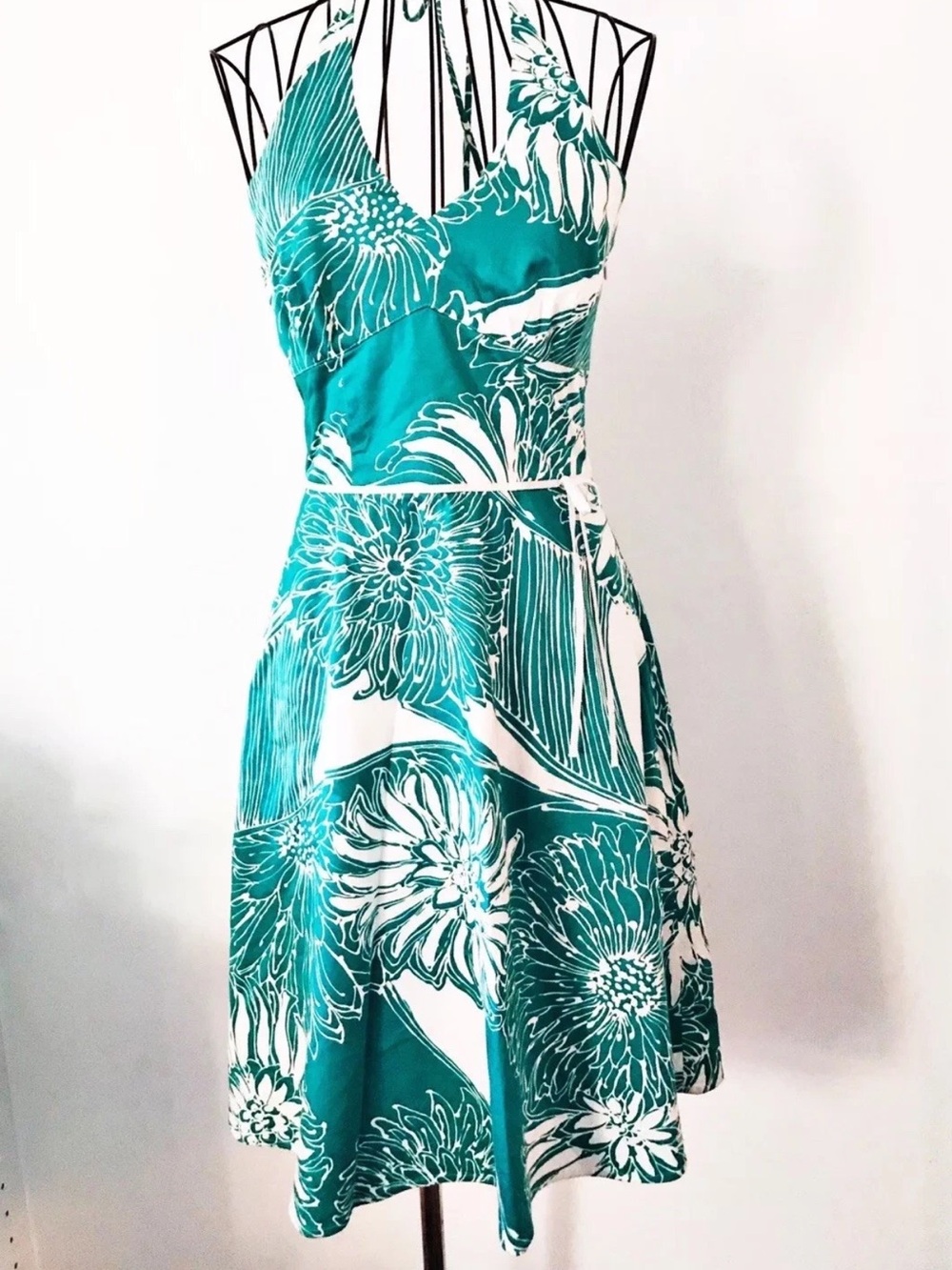 Ann Taylor Petites 4P Teal White Floral Halter Fit & Flare Dress Midi